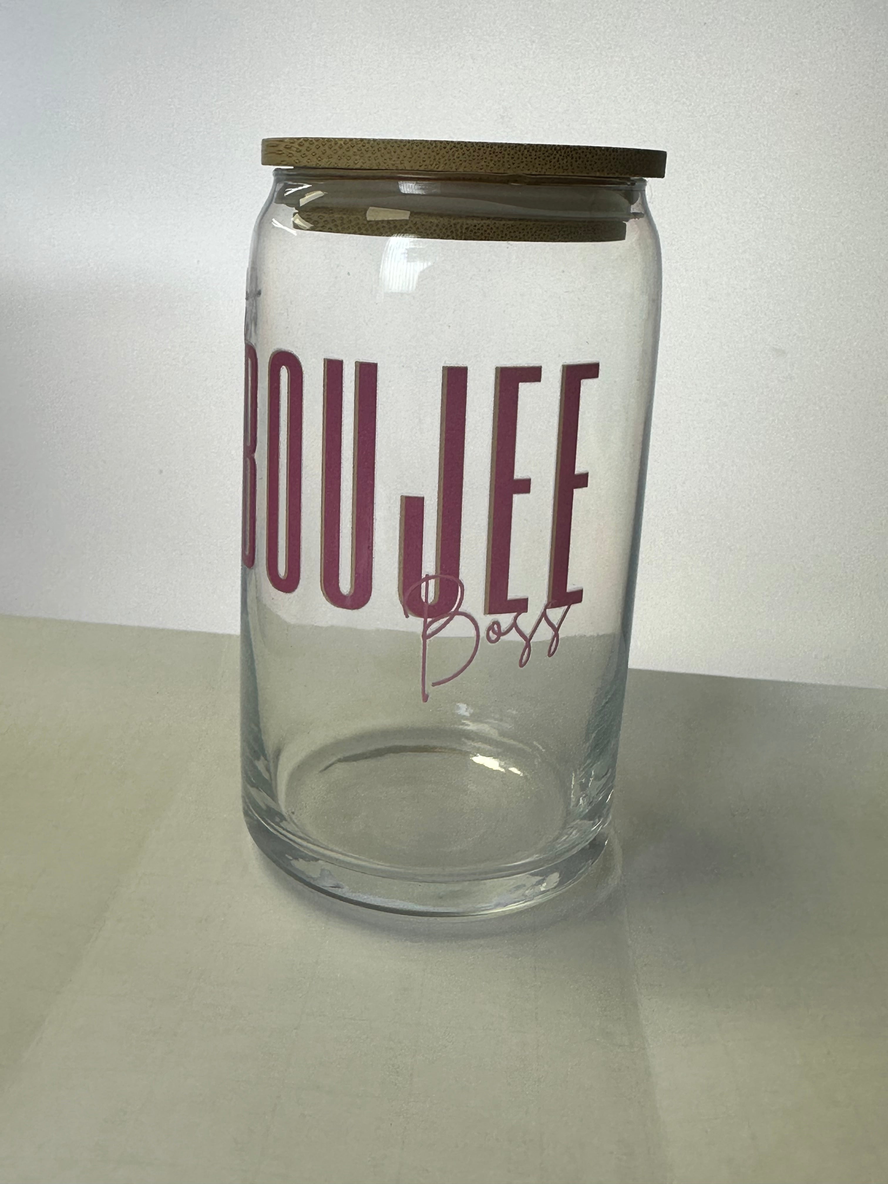 Boujee glass with bamboo lid and glass straw Prosper with a tee