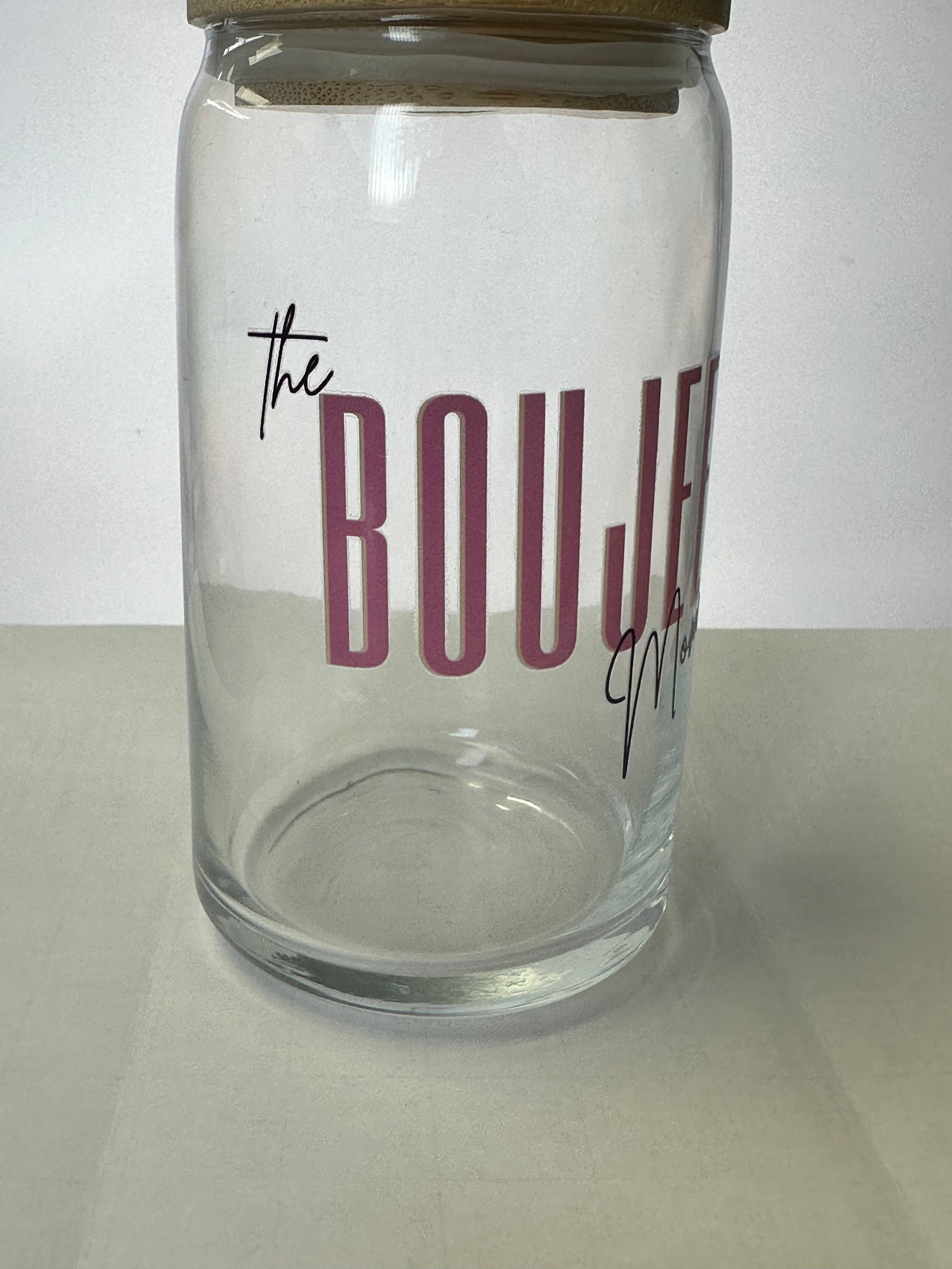 Boujee glass with bamboo lid and glass straw Prosper with a tee