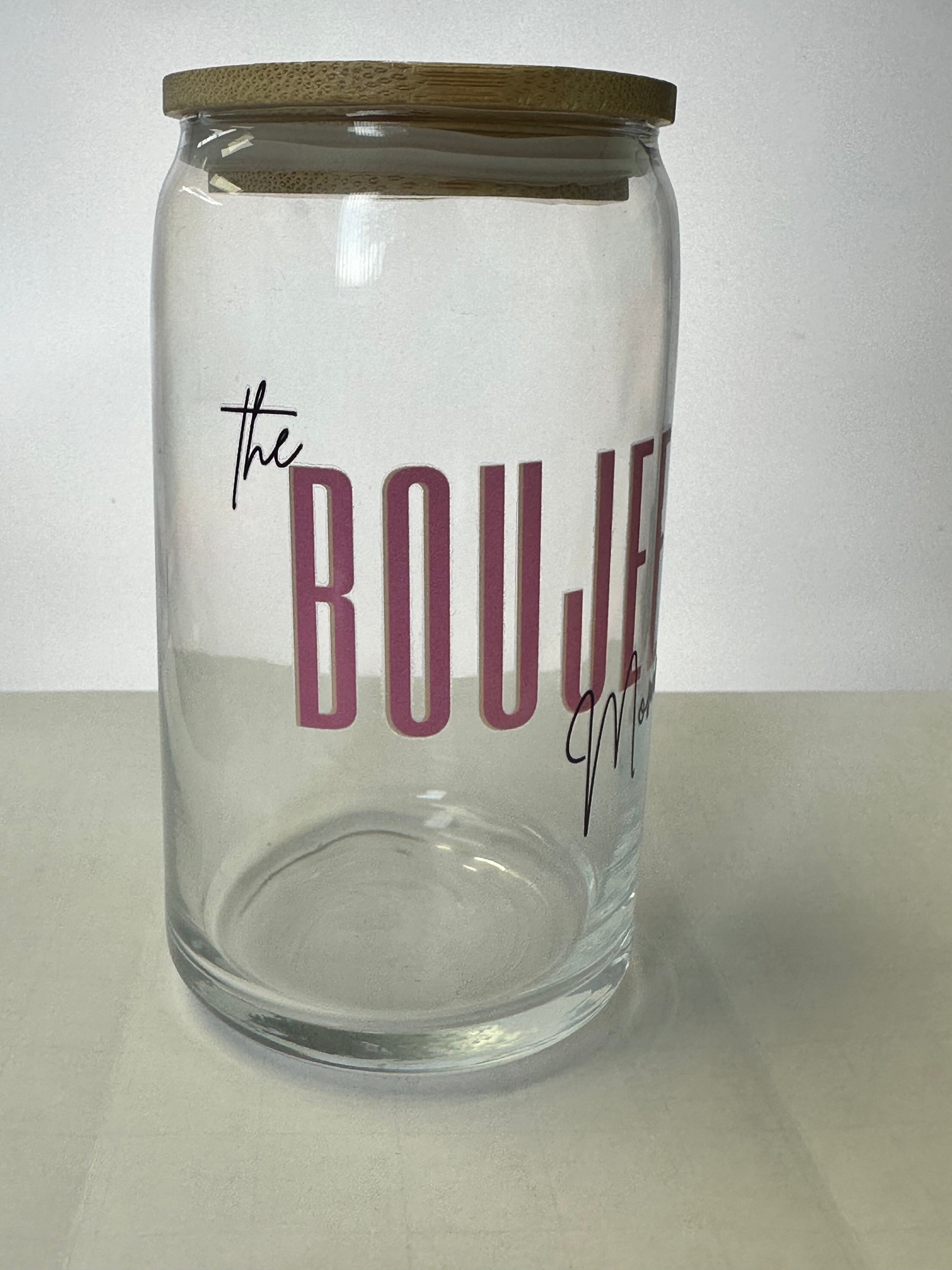 Boujee glass with bamboo lid and glass straw Prosper with a tee