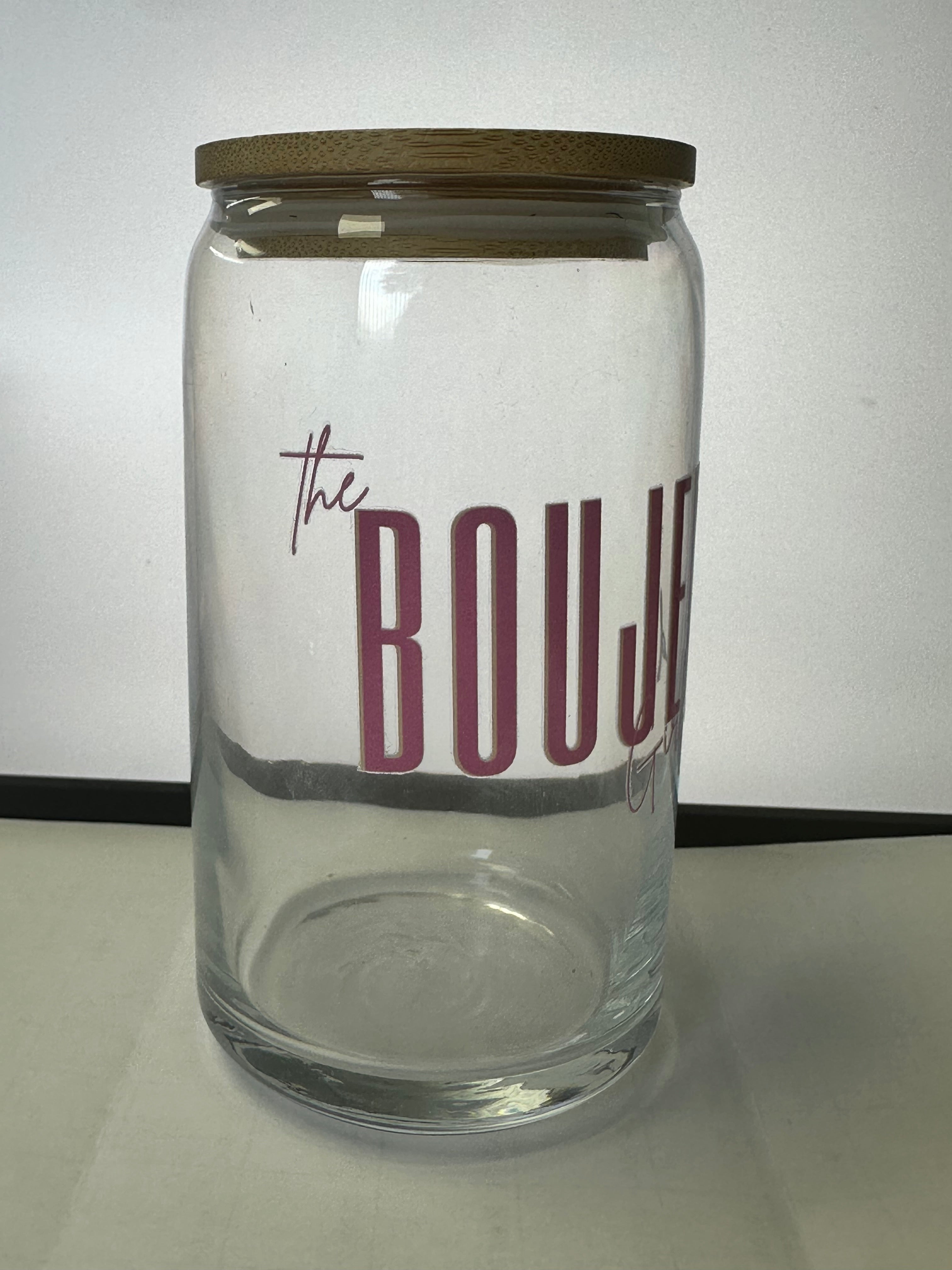 Boujee glass with bamboo lid and glass straw Prosper with a tee