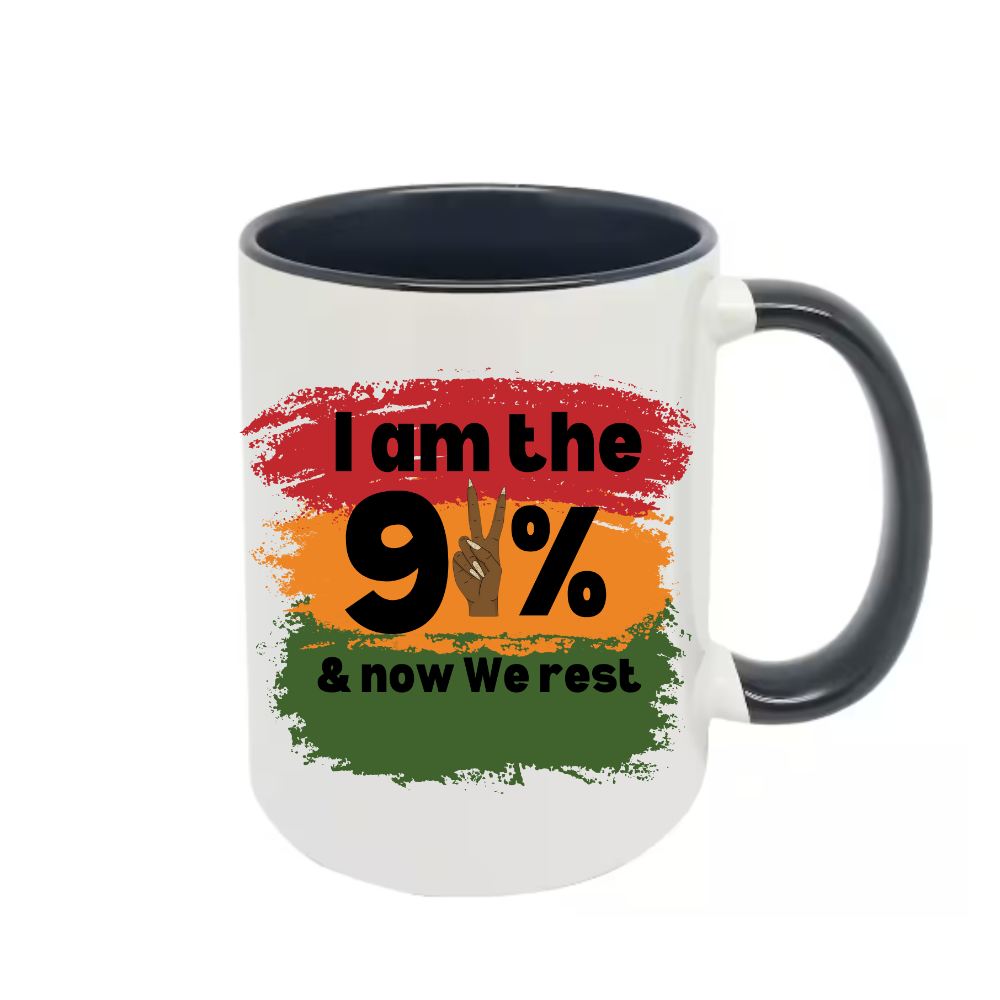 Mug with colorful design and text on a white background