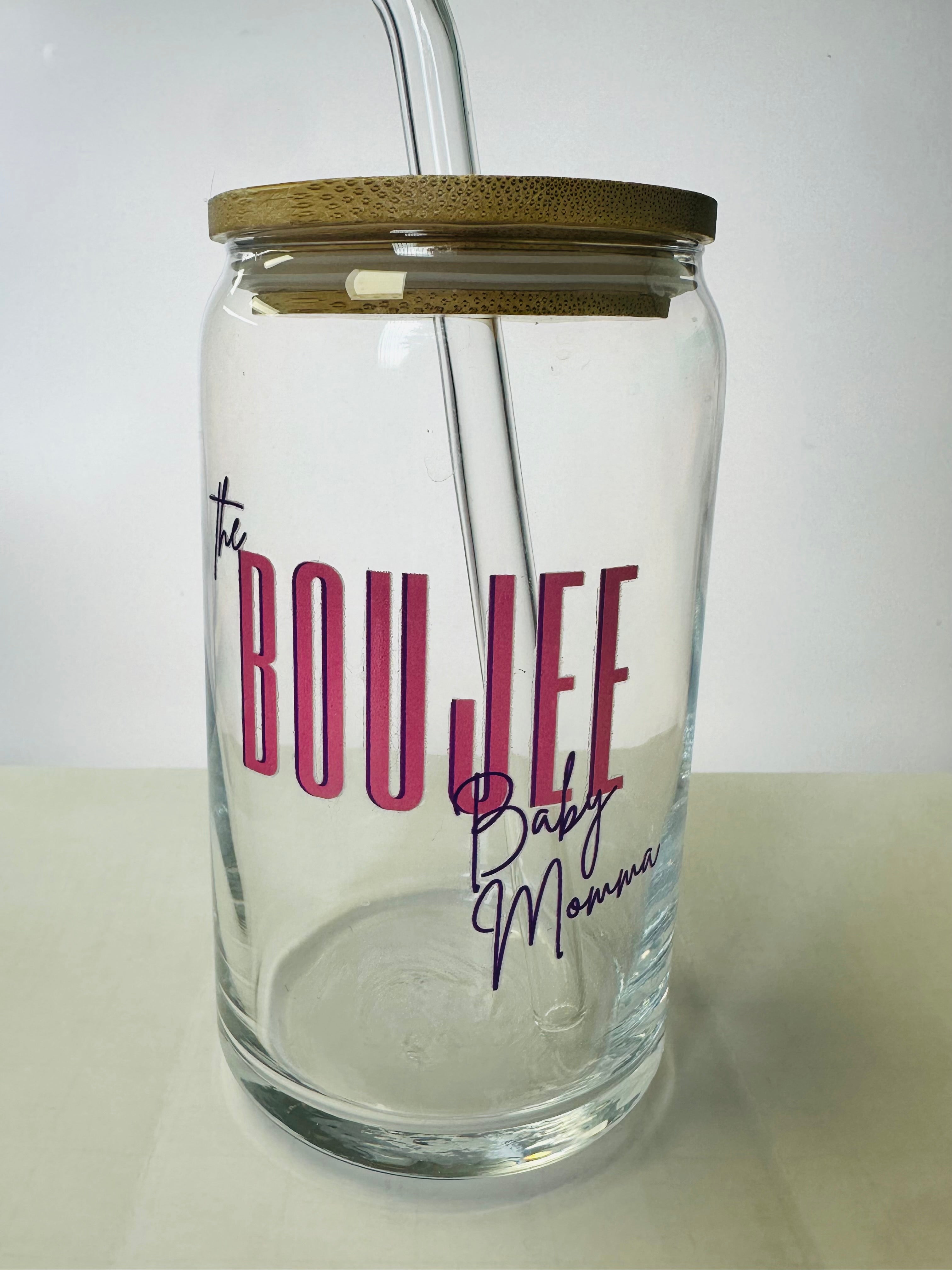 Boujee glass with bamboo lid and glass straw Prosper with a tee
