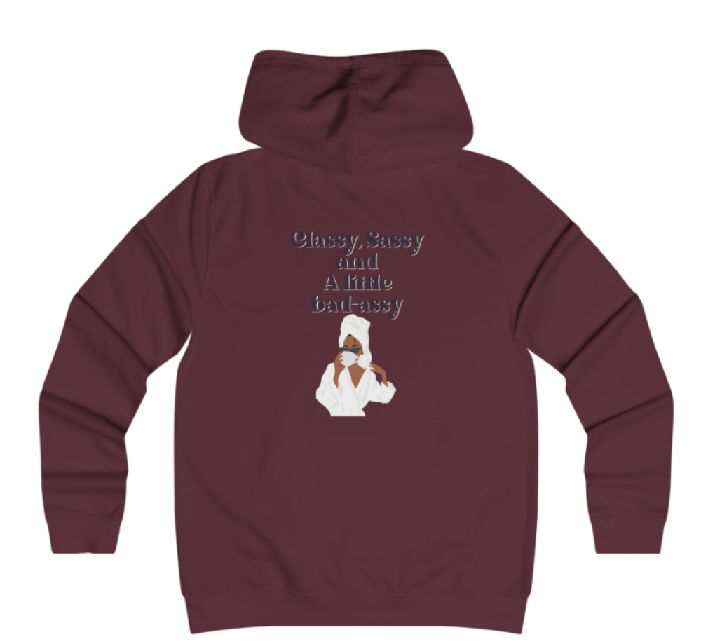 Maroon hoodie with graphic design and text on the back against a white background