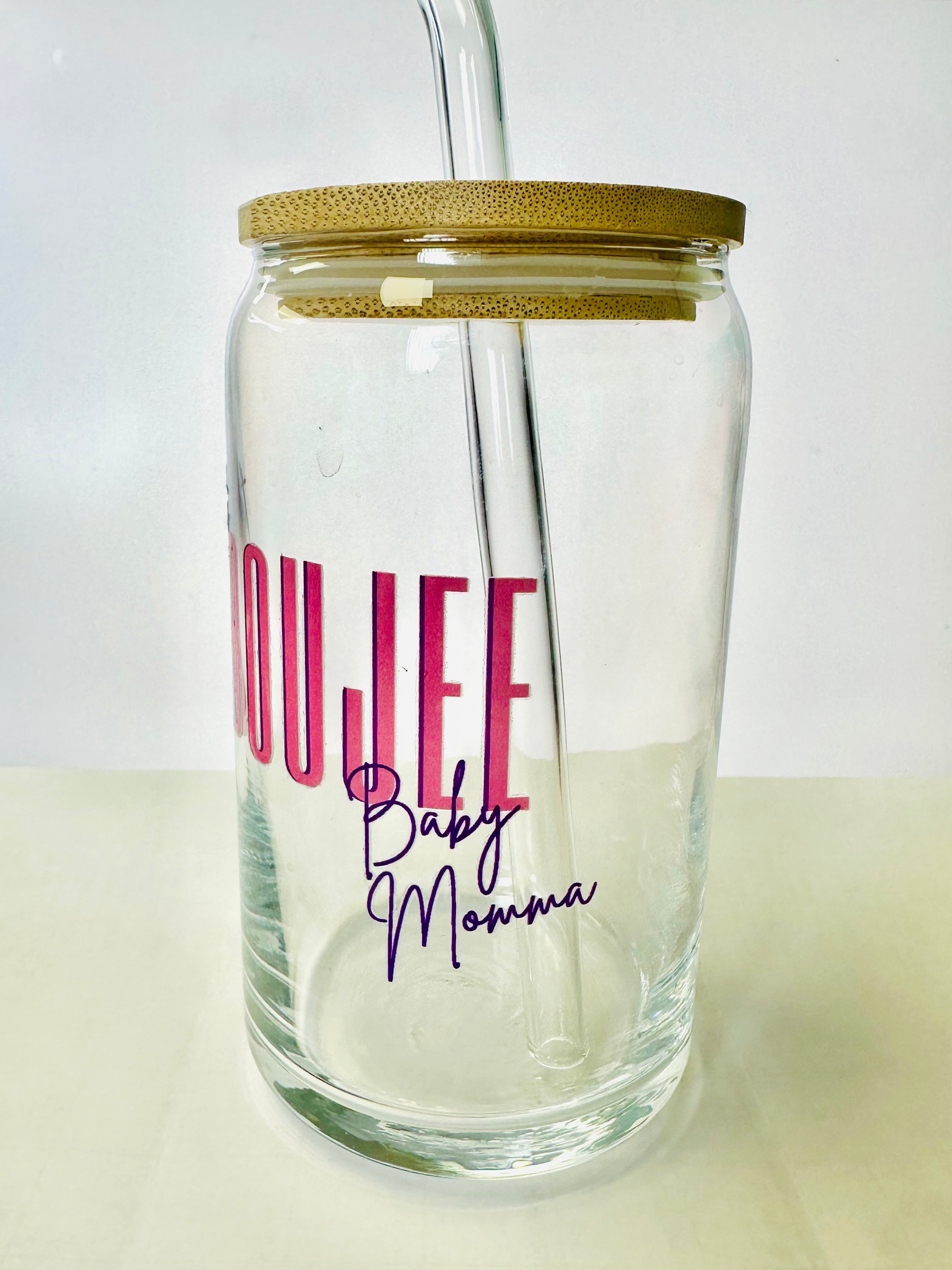 Boujee glass with bamboo lid and glass straw Prosper with a tee
