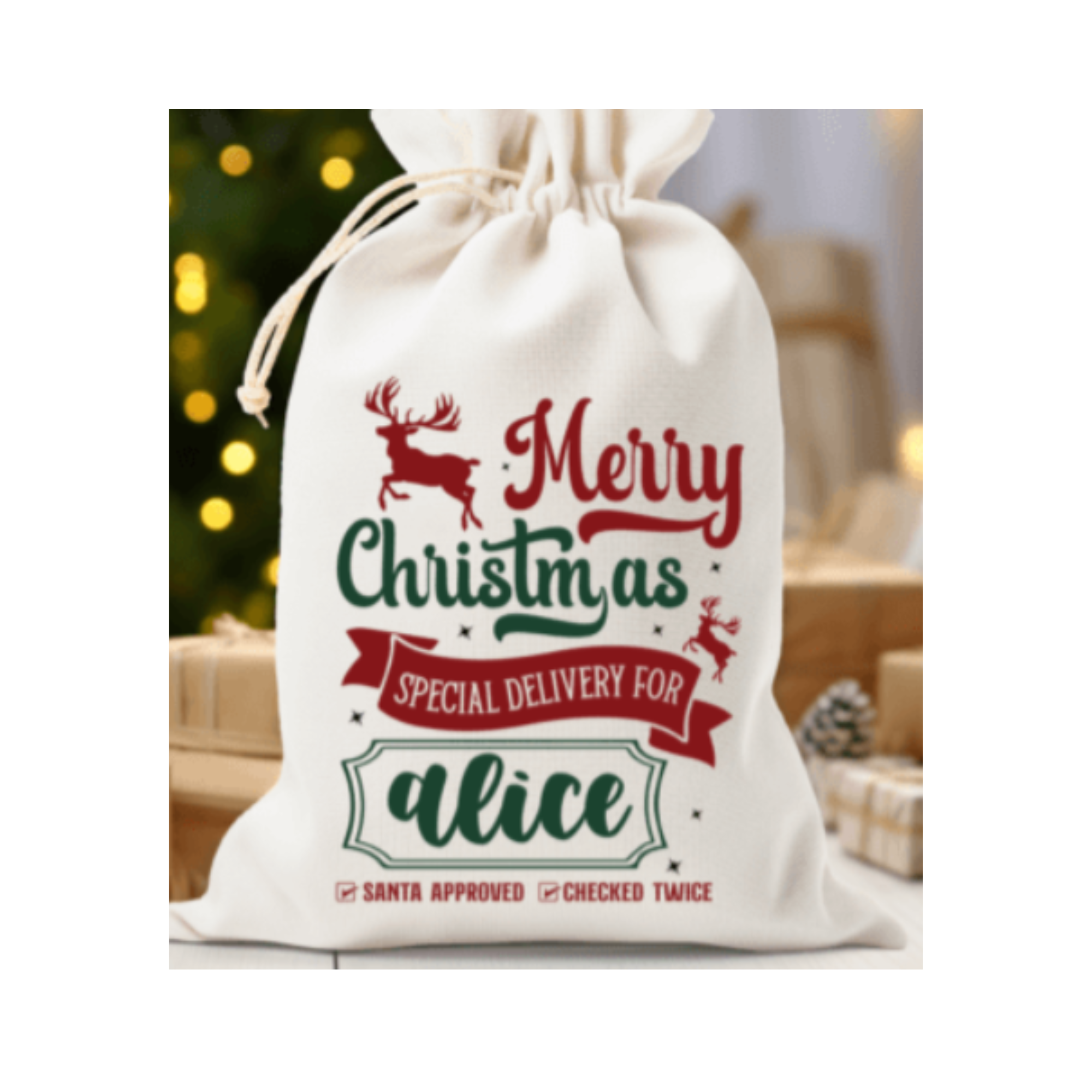 Personalized Christmas gift bag with reindeer design and text on a blurred background