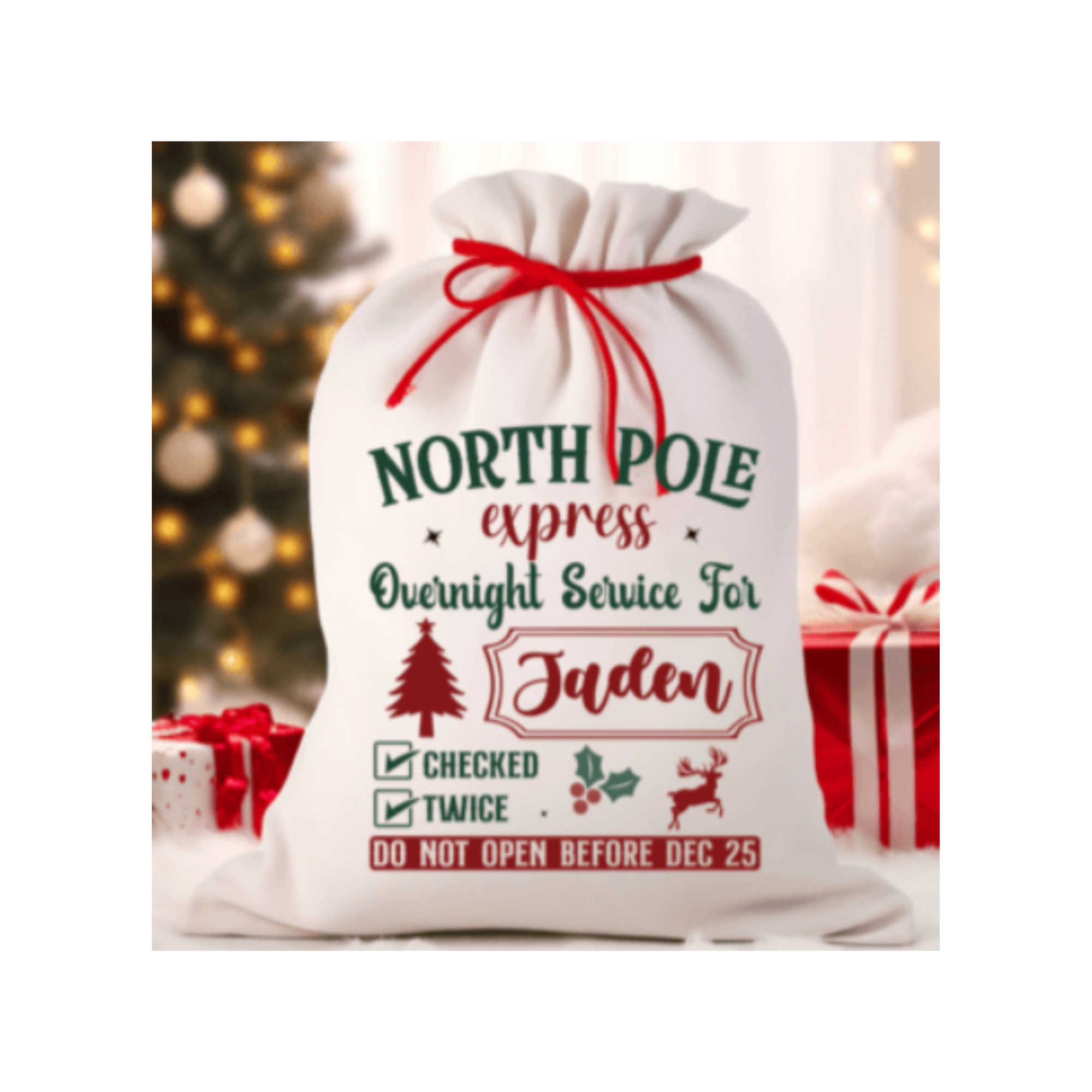 Personalized Christmas gift bag with festive design and text on a blurred background of lights and presents.