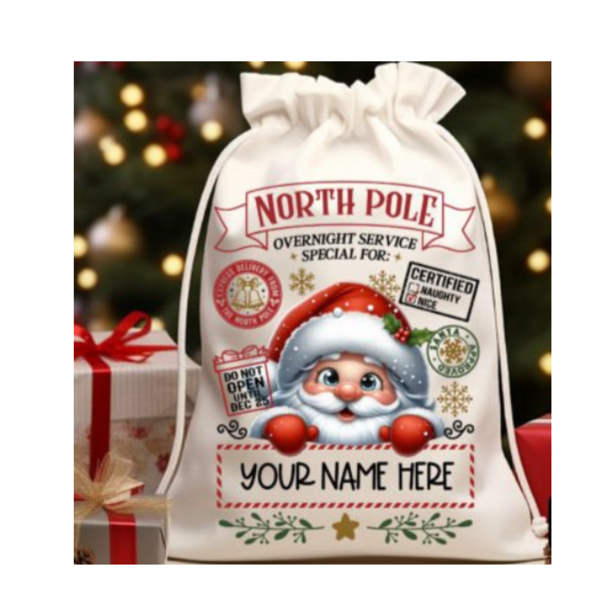Personalized Santa Claus gift bag with festive design and text, against a blurred Christmas tree background.