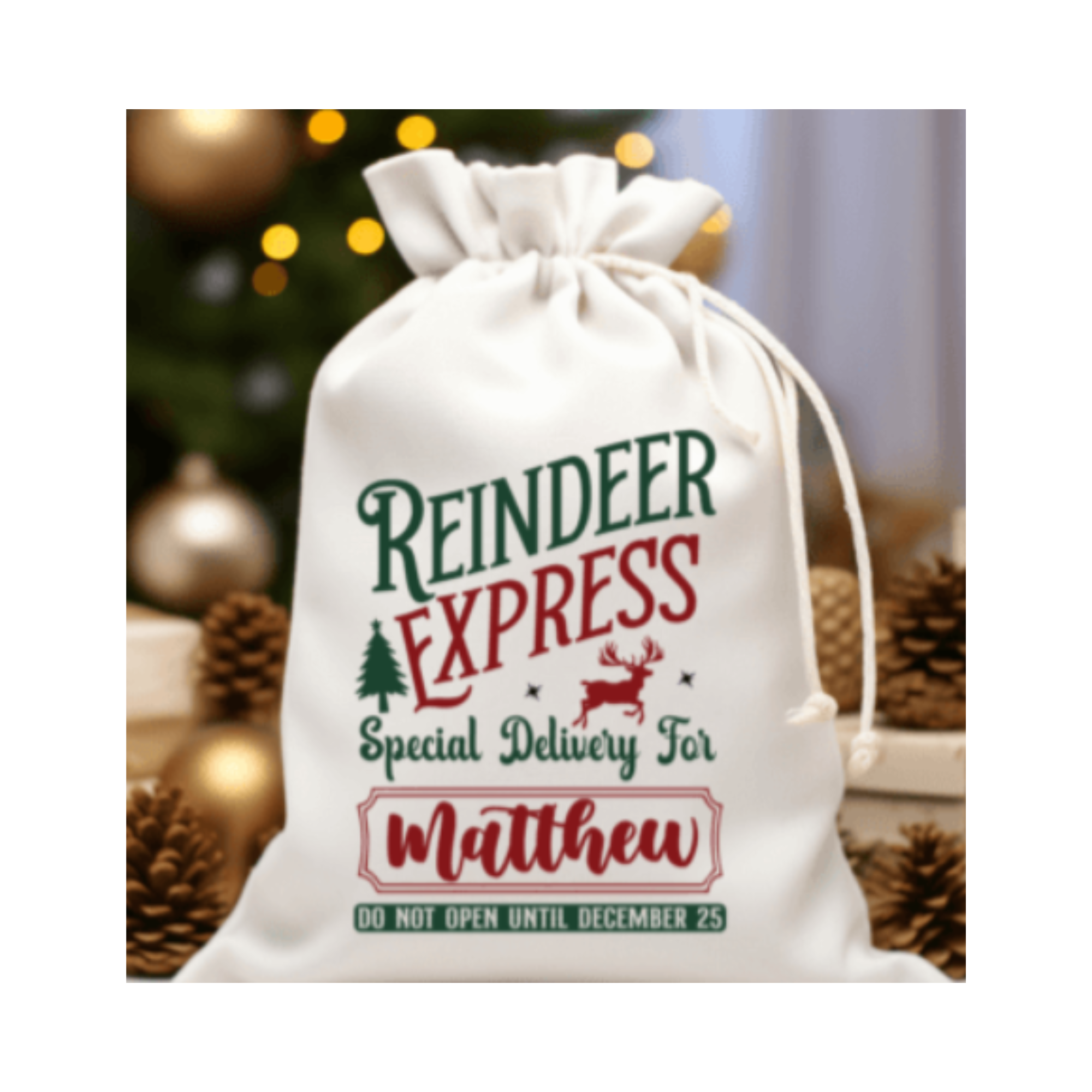 White drawstring bag with 'Reindeer Express' text and Christmas-themed design, against a blurred festive background.