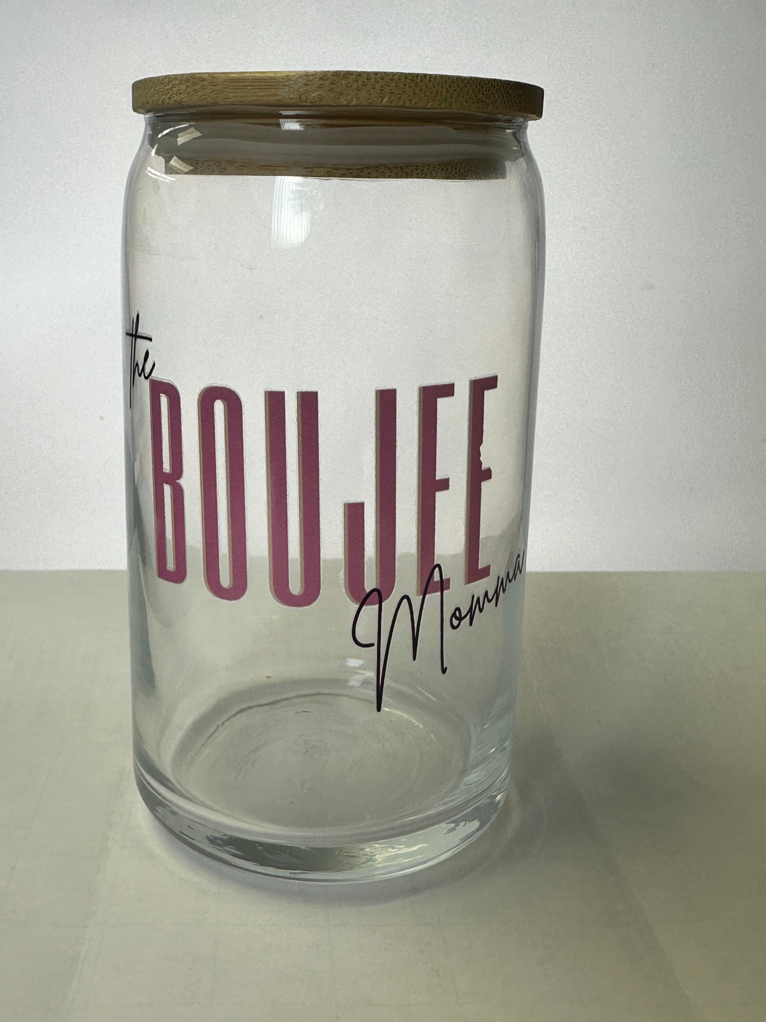 Boujee glass with bamboo lid and glass straw Prosper with a tee
