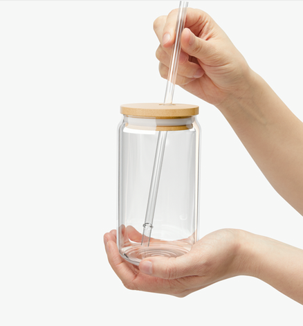 Can Shaped Glass with wooden Lid and Straw