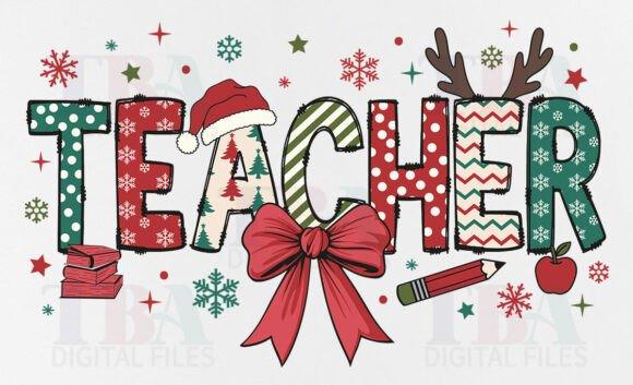Decorative text 'TEACHER' with Christmas elements on a white background