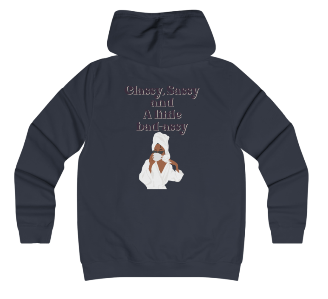 Navy blue hoodie with text and graphic on the back, displayed on a white background