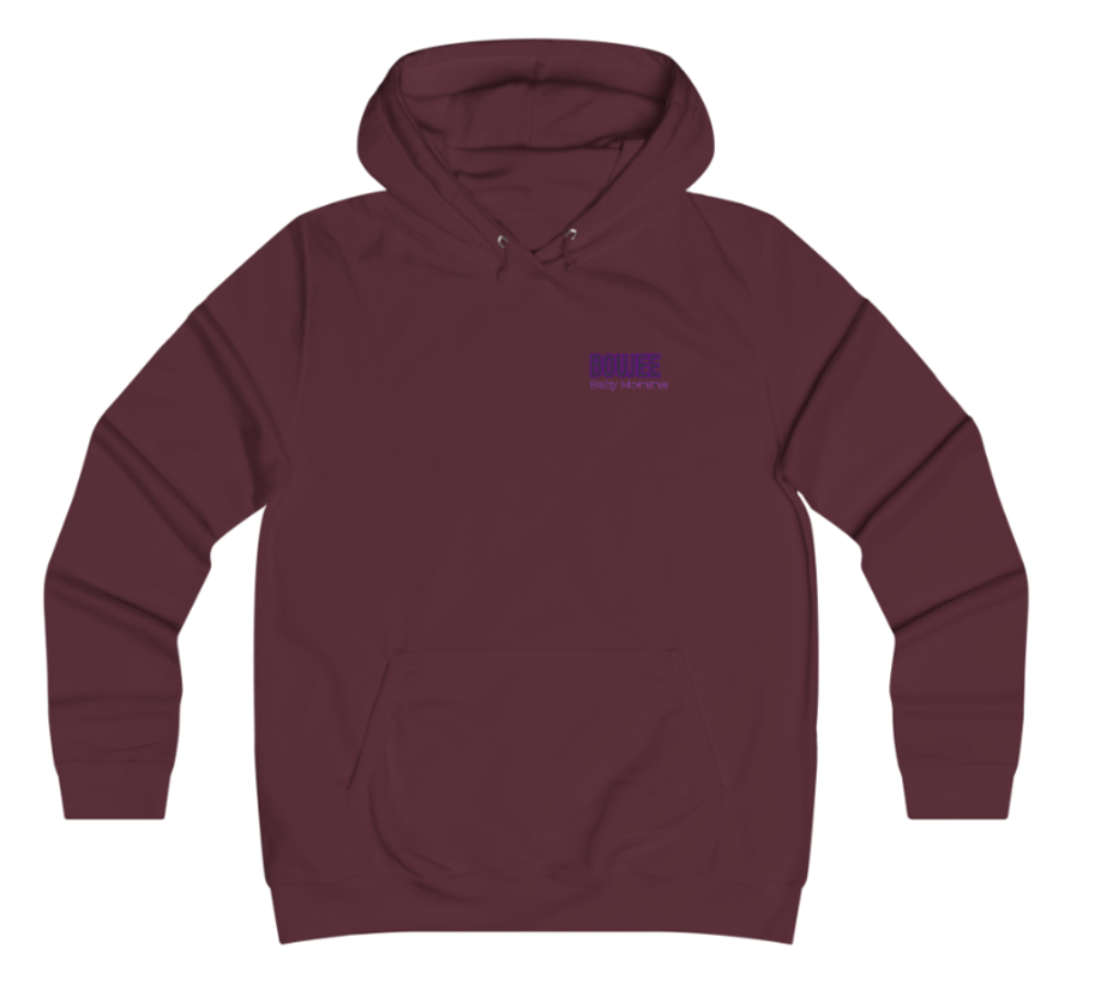 Maroon hoodie with a small logo on the chest against a white background