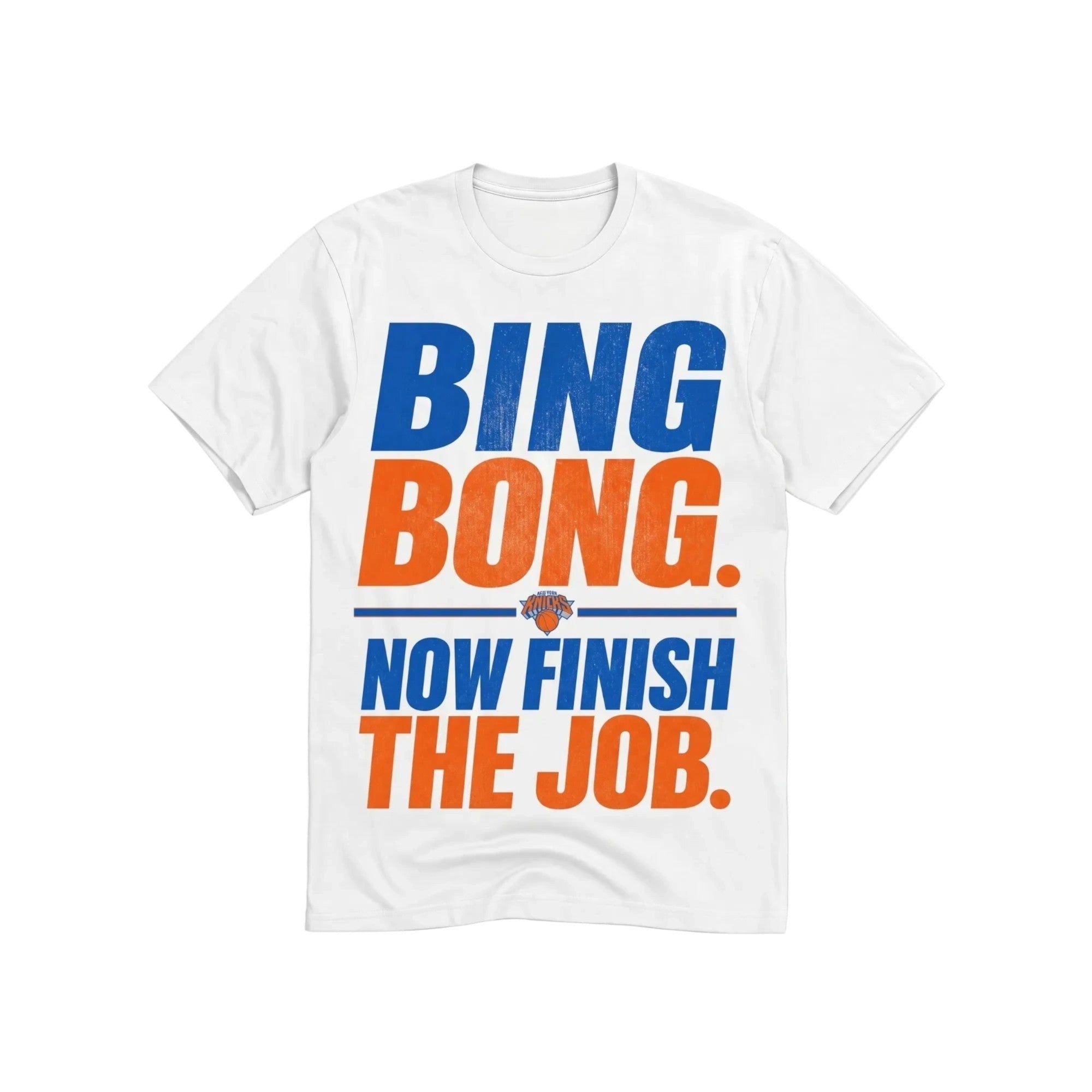 Prosper with a tee white cotton crewneck t-shirt featuring blue and orange Bing Bong New York basketball graphic.